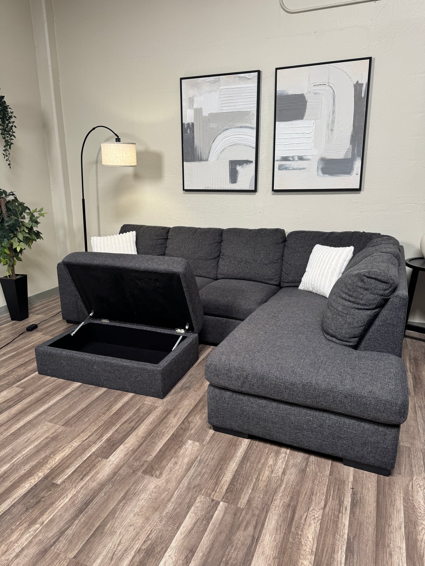 Living Spaces Dark Gray Sectional with Ottoman